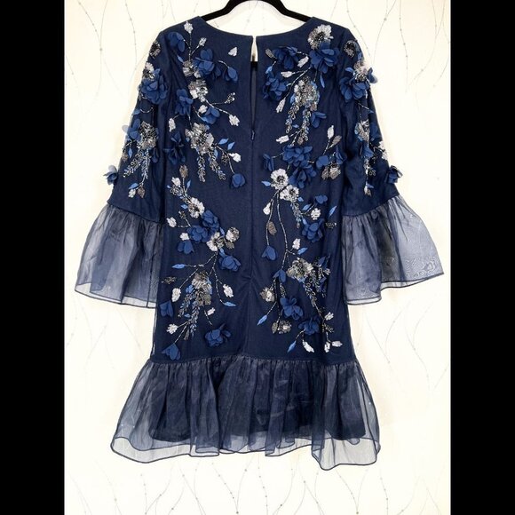 Marchesa Notte Navy Blue Tunic-Cut 3D Flowers Cocktail Dress $795 - Picture 6 of 9